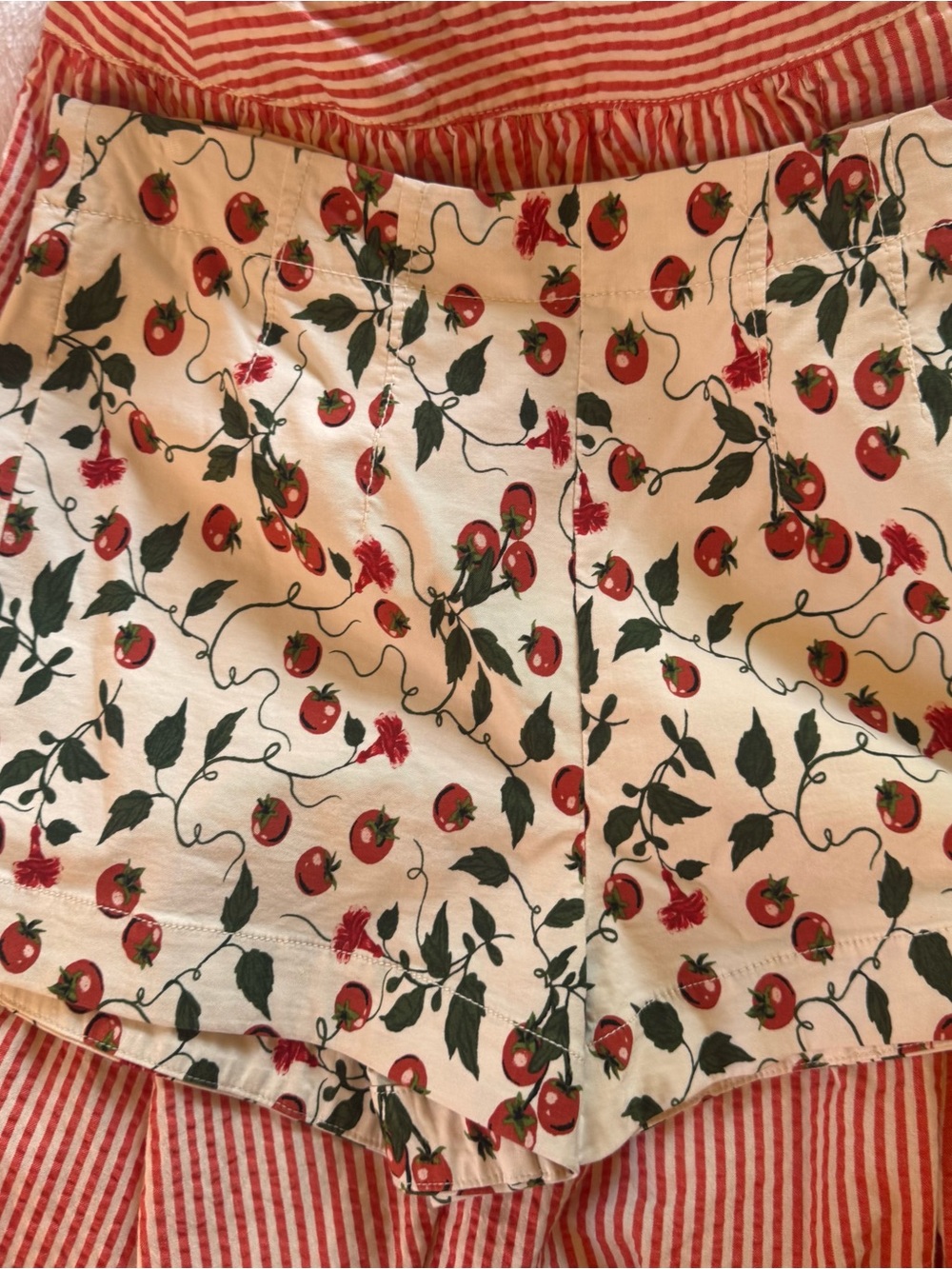 Anthropologie Maeve Red and White Striped Wrap Skirt With Tomato Print Shorts - Picture 6 of 11